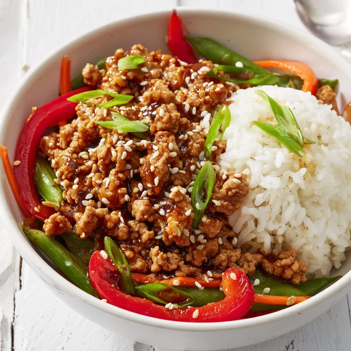 Bright Teriyaki Turkey Rice Bowls topped with sesame seeds and scallions