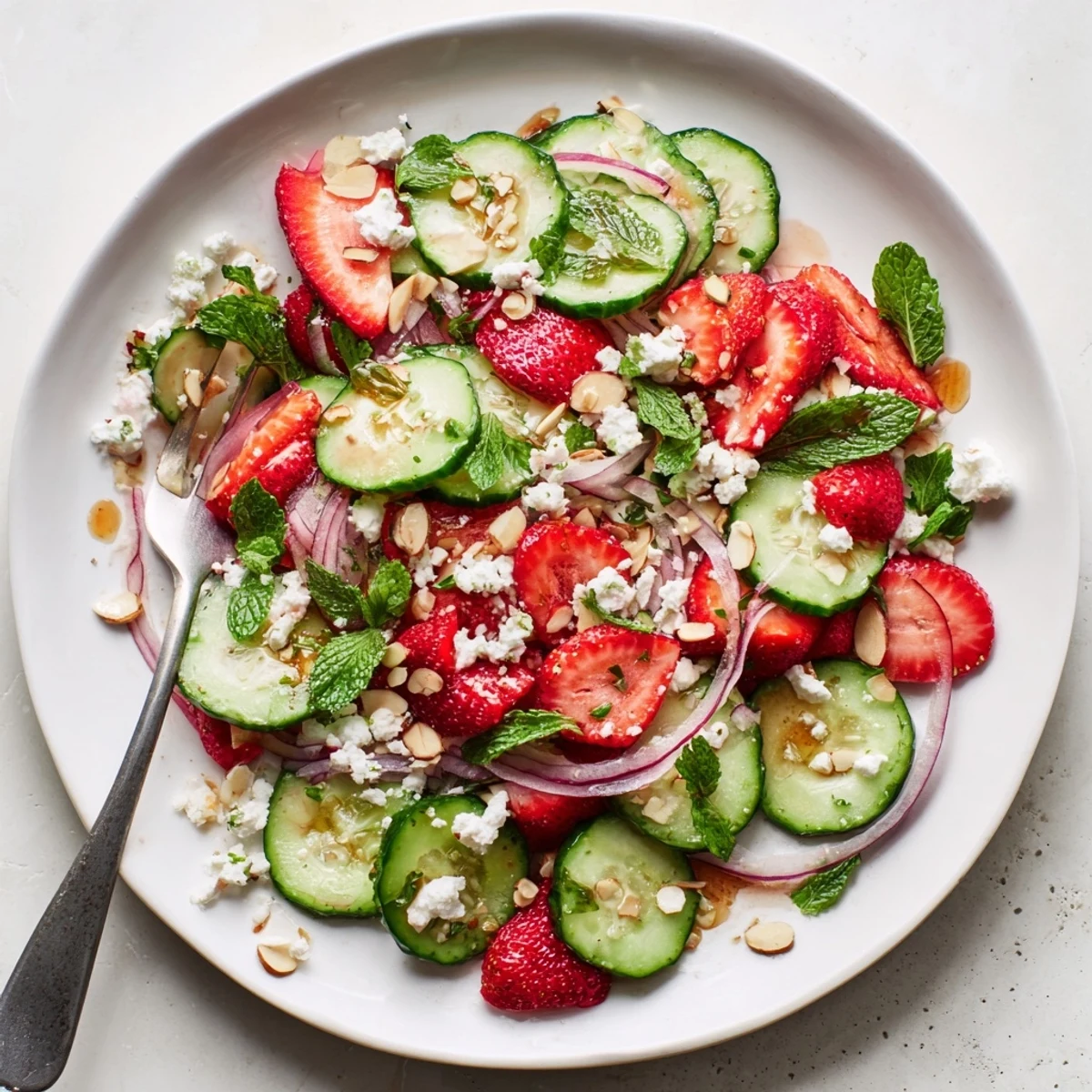 Cucumber Strawberry Salad Recipe with crisp cucumbers, juicy strawberries, mint garnish