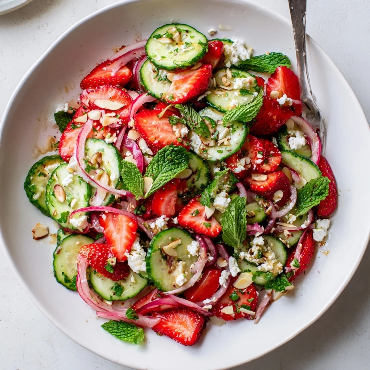 Summer Cucumber Strawberry Salad Recipe tossed in tangy balsamic-honey dressing, served chilled