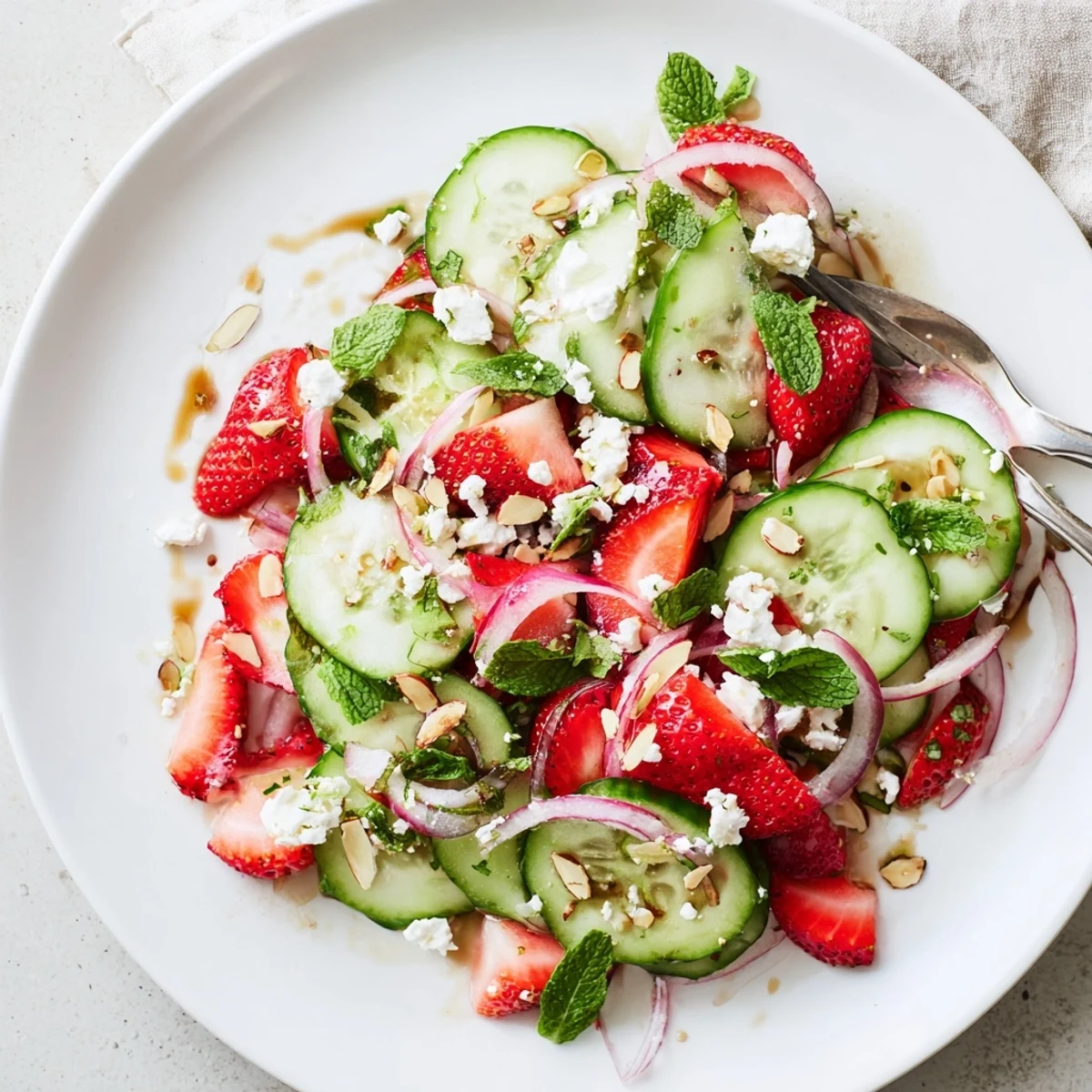 Bright Cucumber Strawberry Salad Recipe plated with crumbled feta and toasted almonds