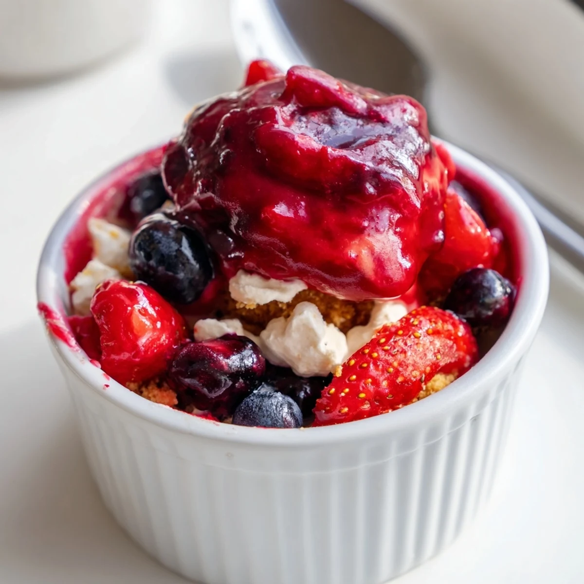 Berry No Bake Cheesecakes with glossy berry compote and crumbly graham crust