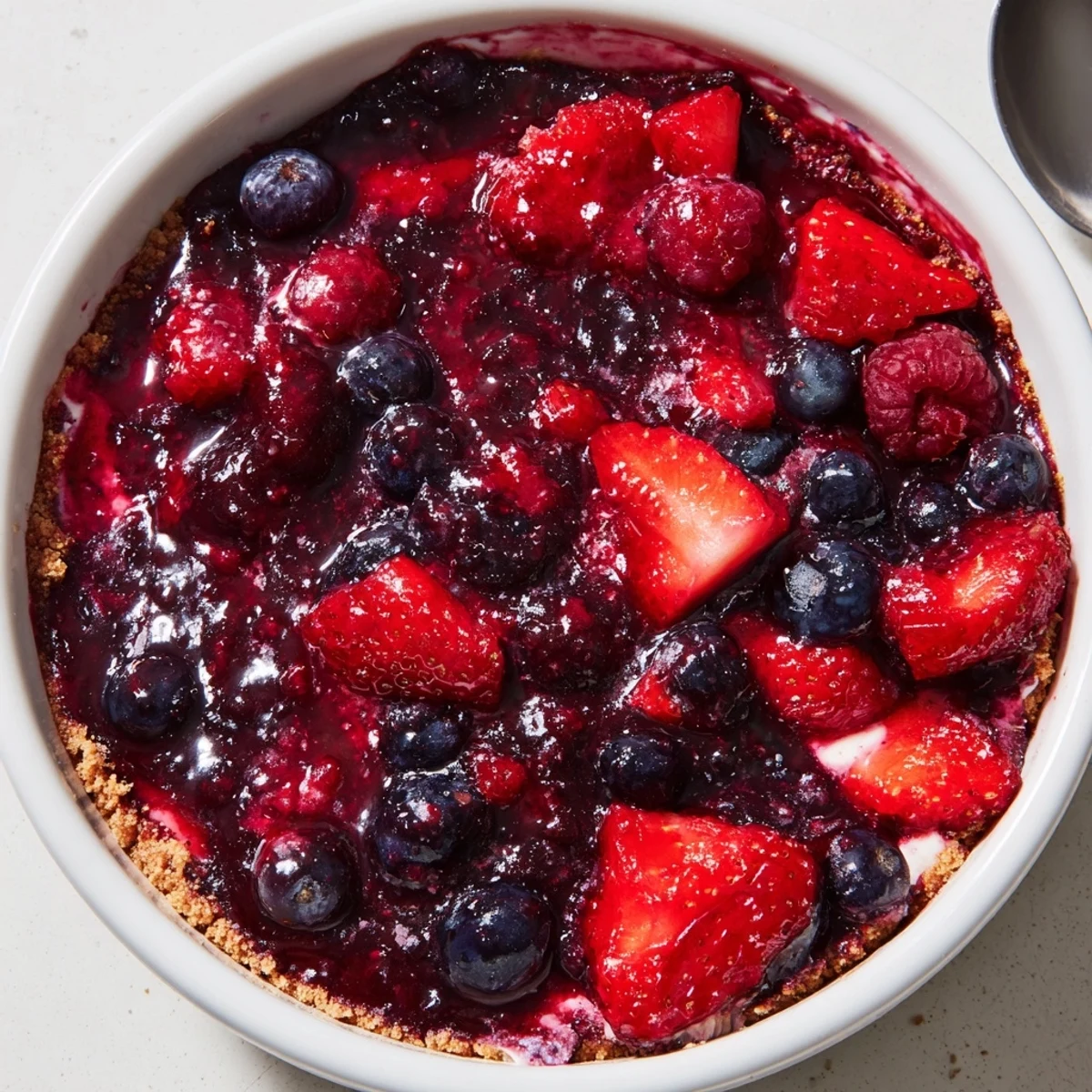 Chilled Berry No Bake Cheesecakes topped with juicy mixed berries and lemon zest