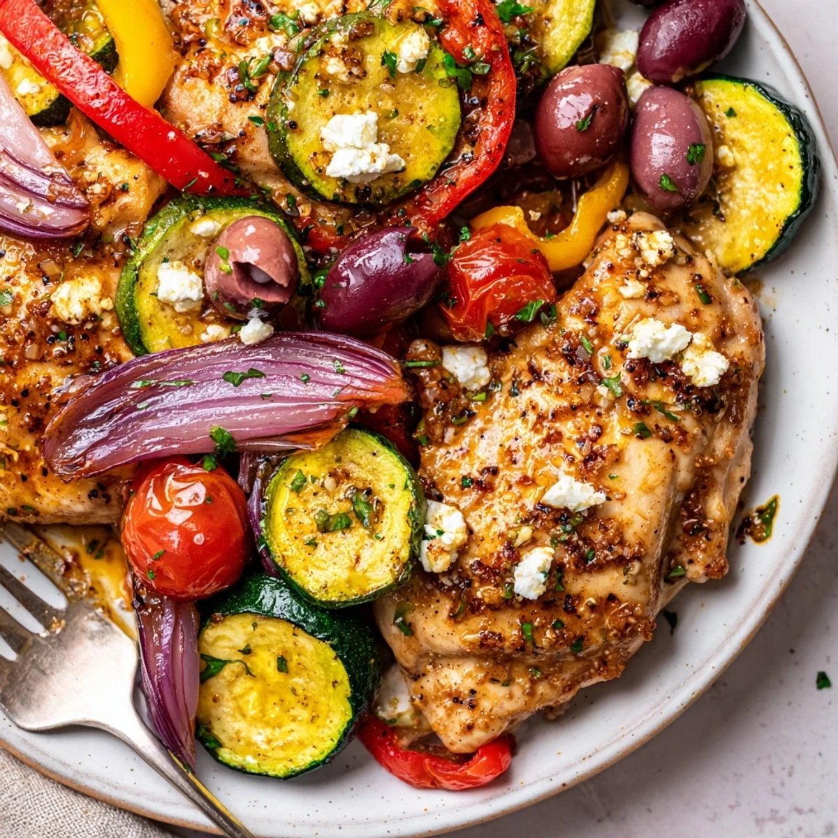 Sheet Pan Mediterranean Chicken Zucchini with golden roasted vegetables, olives, and feta