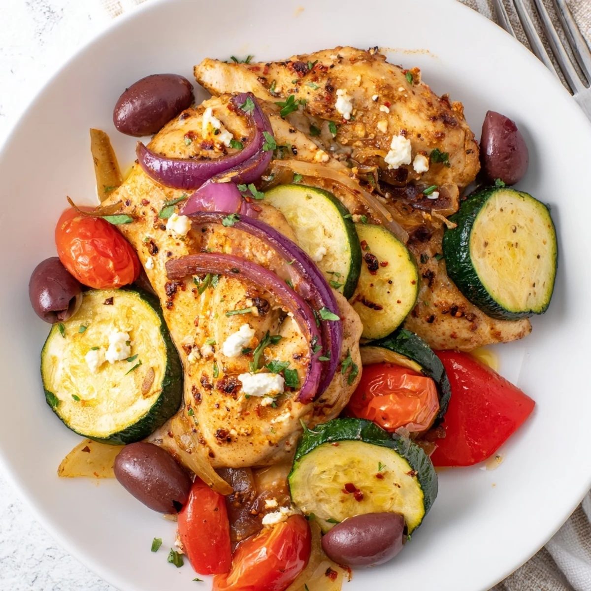 Baked Sheet Pan Mediterranean Chicken Zucchini releasing lemony juices, tender vegetable slices