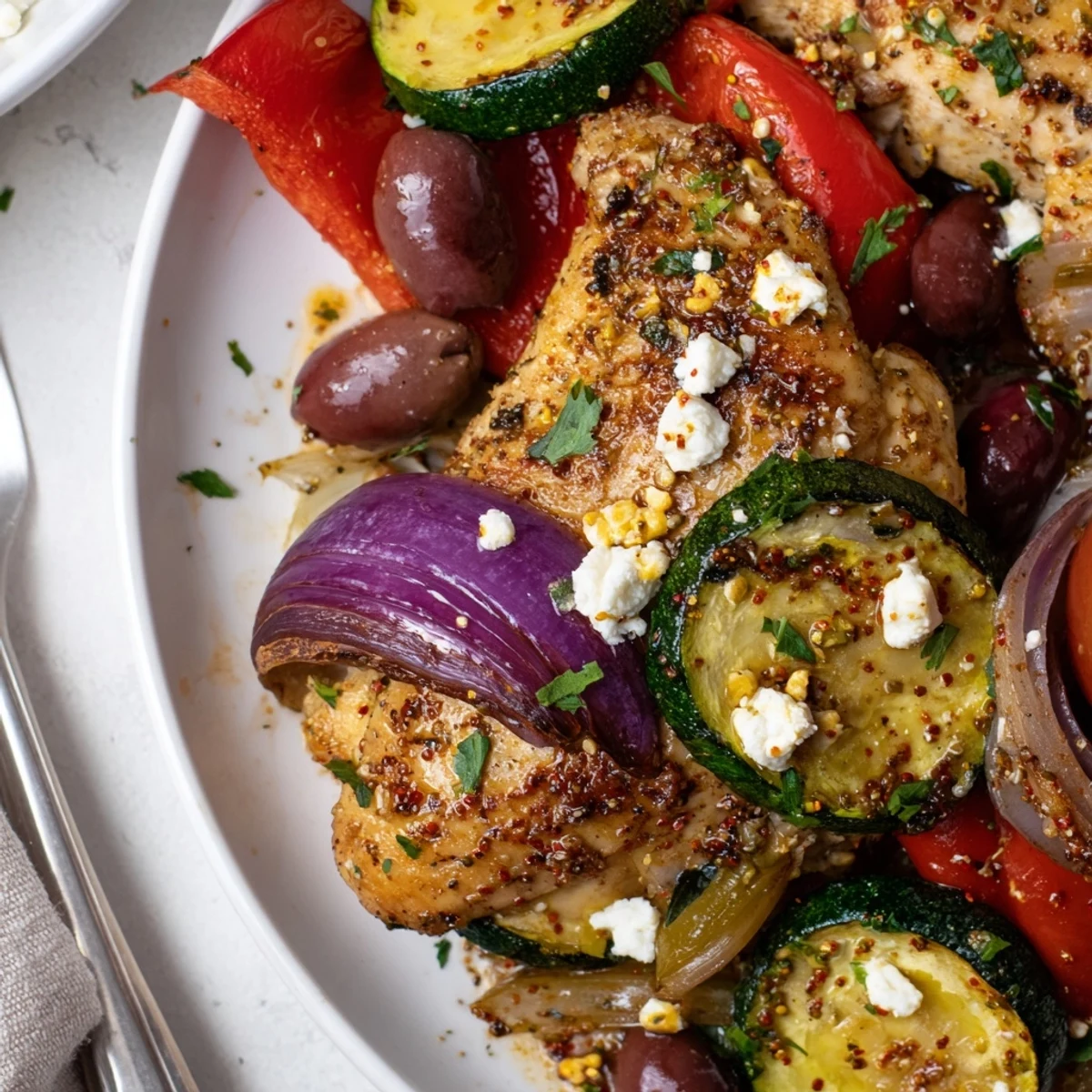 Savory roasted vegetables and olives crown Sheet Pan Mediterranean Chicken Zucchini for weeknight dinner