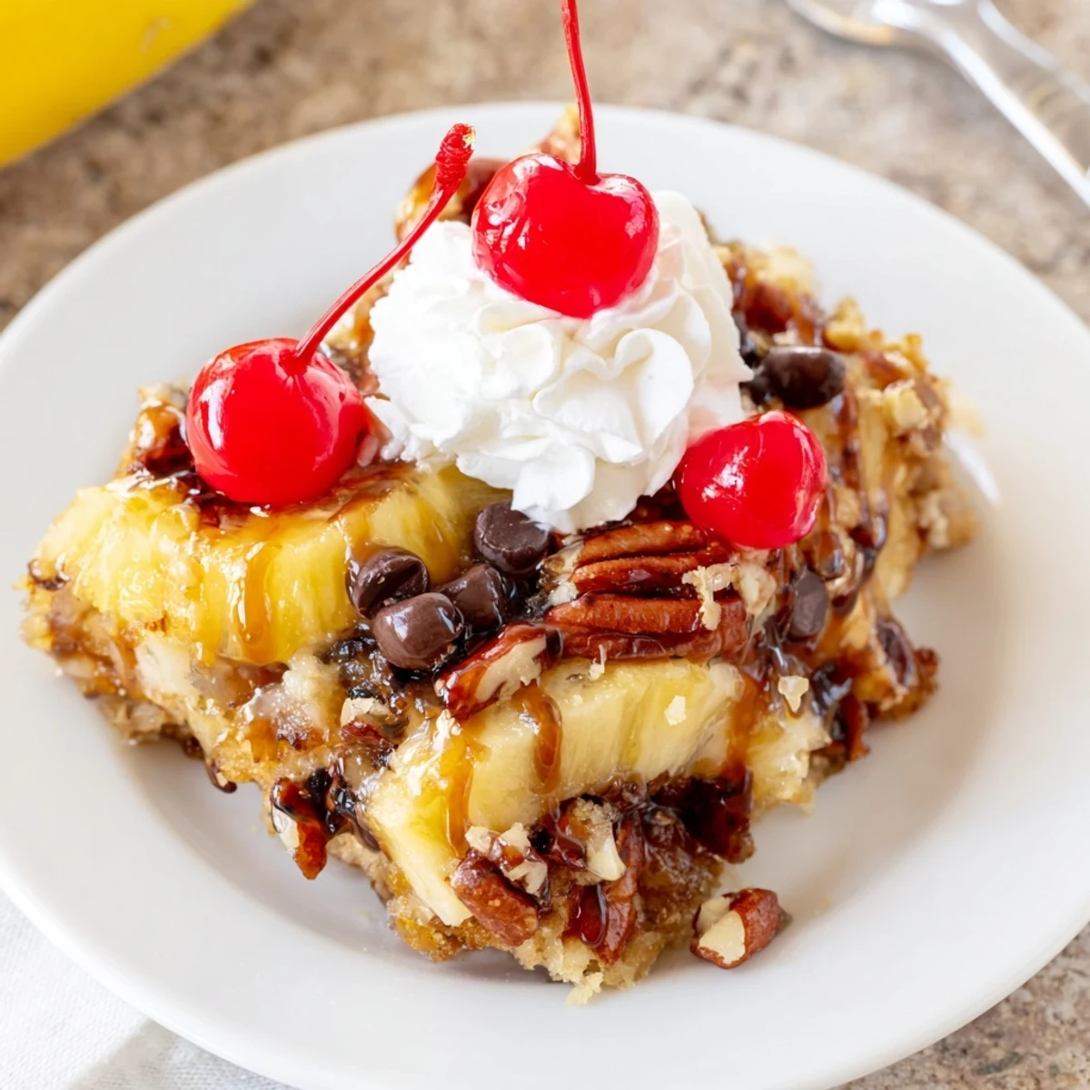 Banana Split Dump Cake golden-brown, sliced bananas, cherries, melting chocolate drizzle