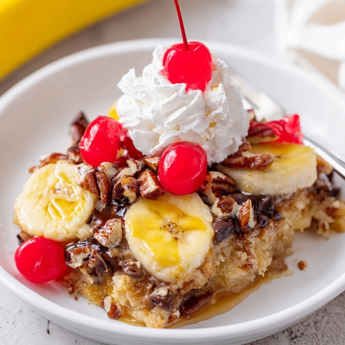 Banana Split Dump Cake in a bubbling 9x13 dish, pineapple aroma, nutty crunch