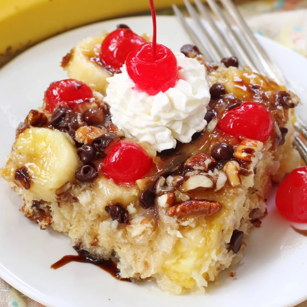 Warm Banana Split Dump Cake topped with whipped cream and extra cherries