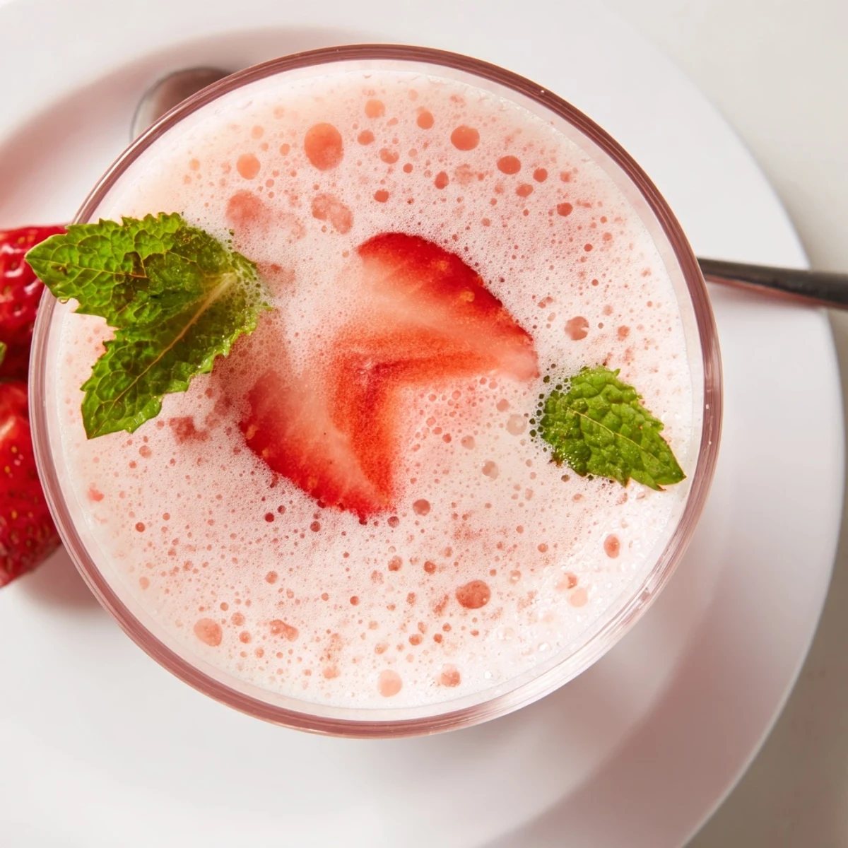 Frosty Strawberry Coconut Cooler Recipe blended creamy and pink, garnished with mint
