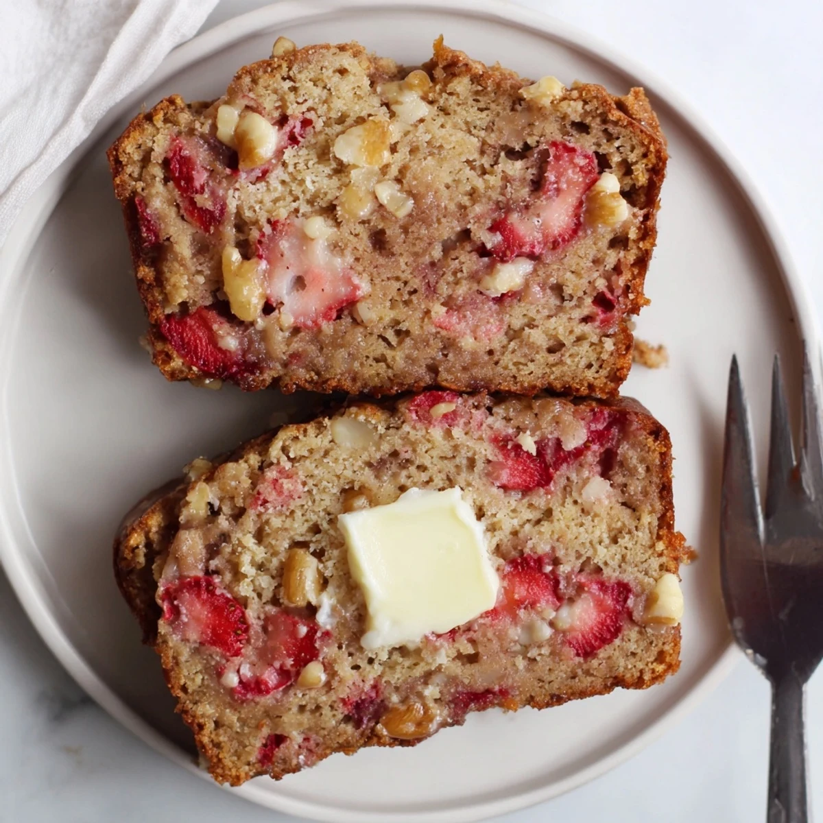 Moist Strawberry Banana Bread Recipe studded with diced strawberries, perfect for breakfast.