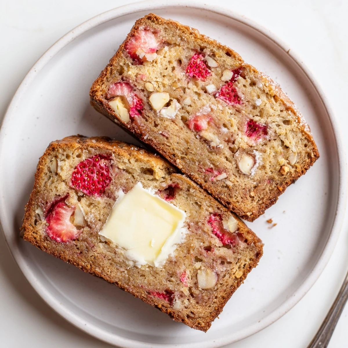 Warm Strawberry Banana Bread Recipe sliced with melting butter, strawberries visible.