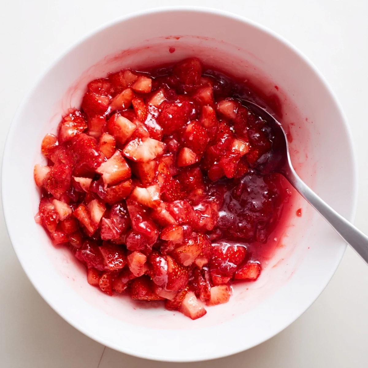 Strawberry Cake Filling Recipe showing glossy, ruby filling spooned into bowl.