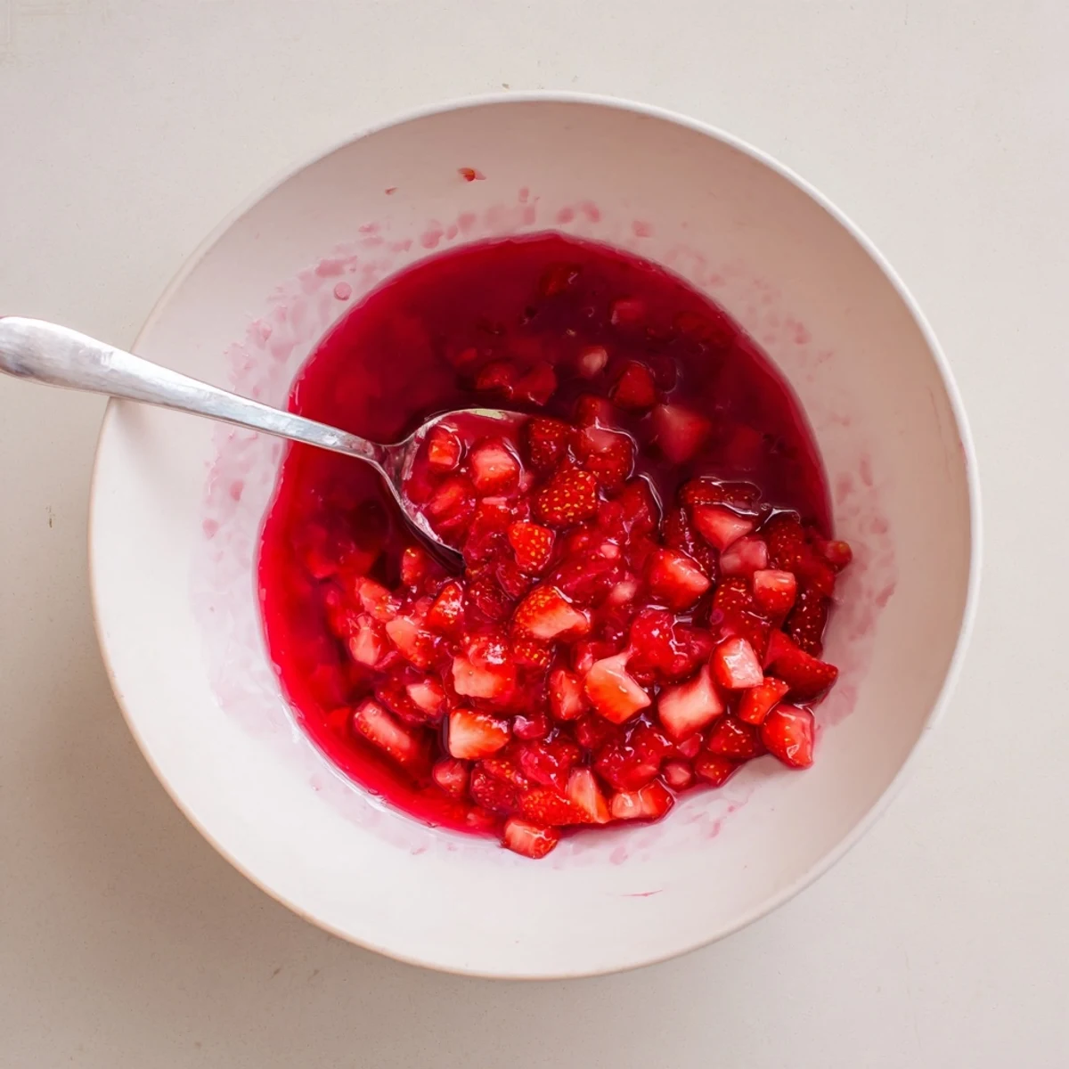 Warm, bubbling saucepan of Strawberry Cake Filling Recipe with visible fruit pieces.