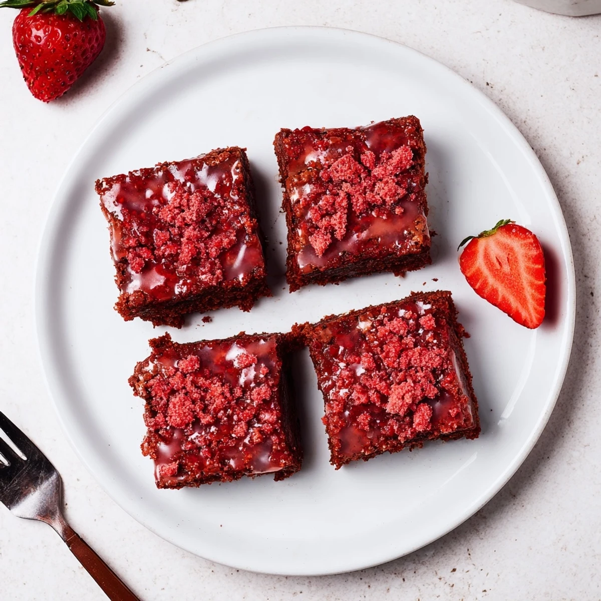 Strawberry Brownies Recipe: fudgy squares with glossy strawberry glaze, served warm  