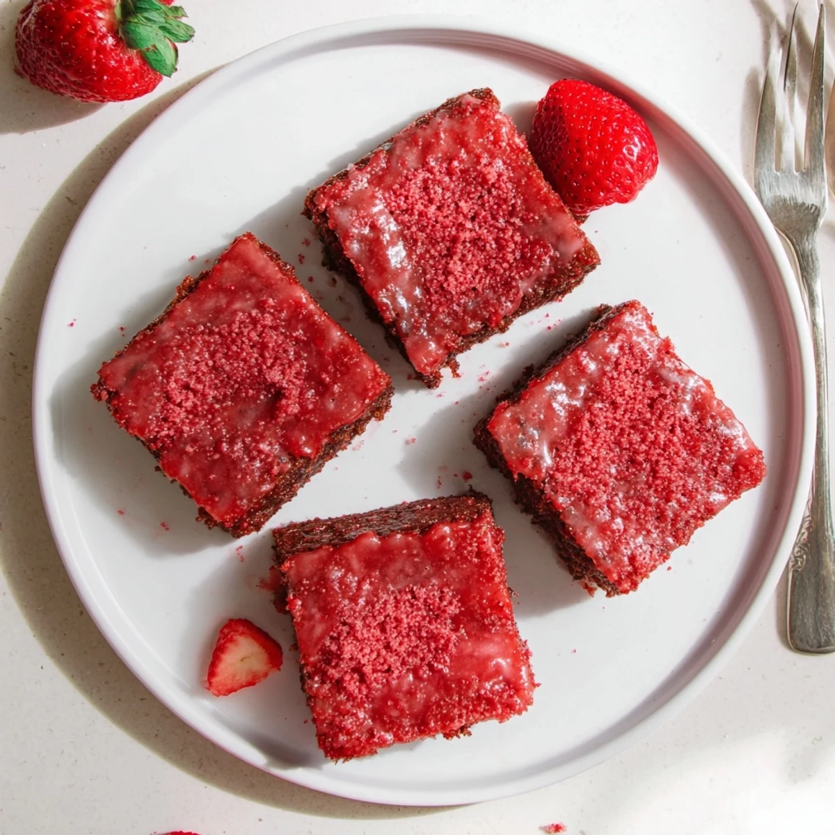 A plate of Strawberry Brownies Recipe squares topped with whipped cream and strawberries