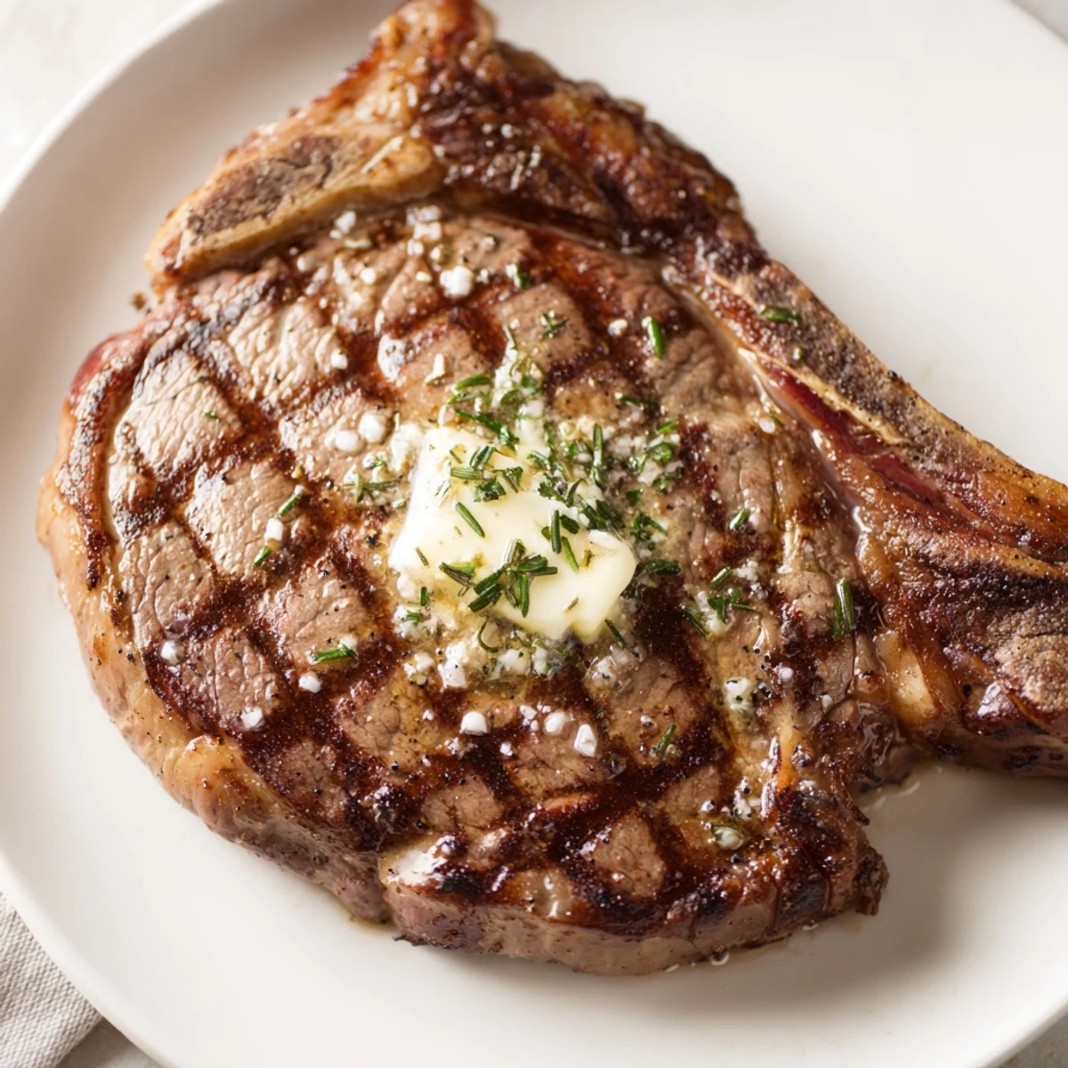 Juicy ribeye steak fresh off the grill with melted butter and fresh rosemary garnish