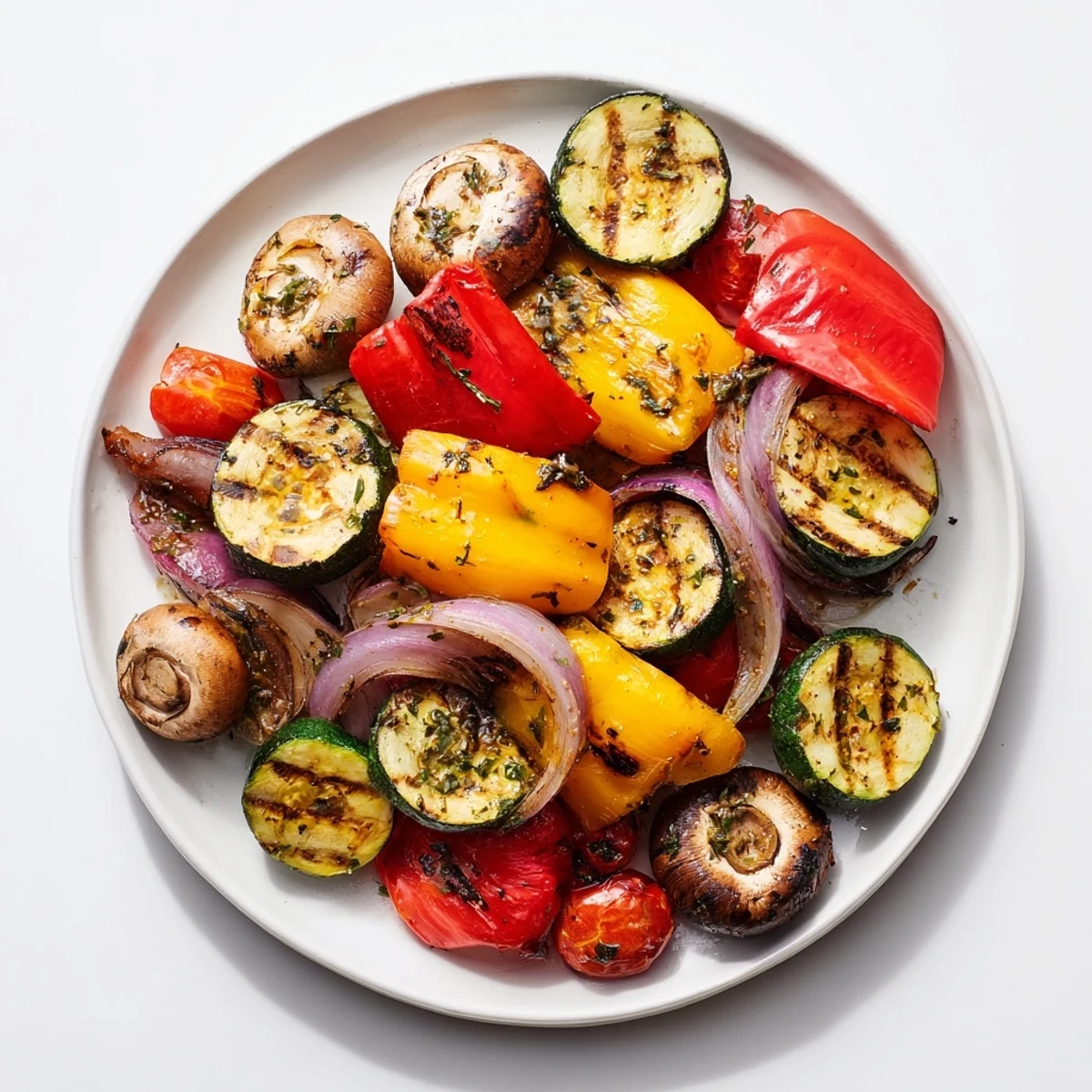 Platter of tender grilled vegetables marinated in balsamic and smoked paprika, perfectly charred on a summer grill