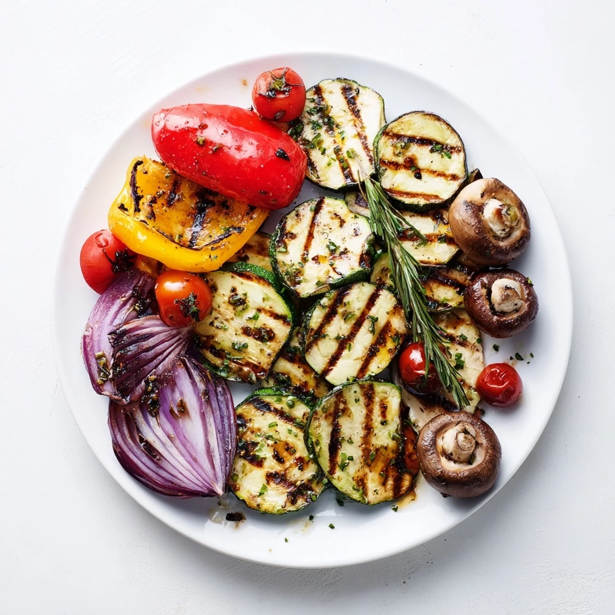 Colorful assortment of char-grilled bell peppers, zucchini, and eggplant in a tangy herb BBQ marinade