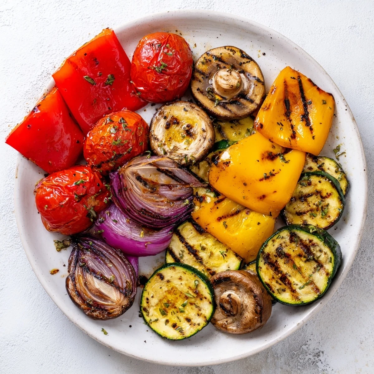 Vibrant BBQ grilled vegetables seasoned with fresh herbs and lemon, served hot for an easy summer side