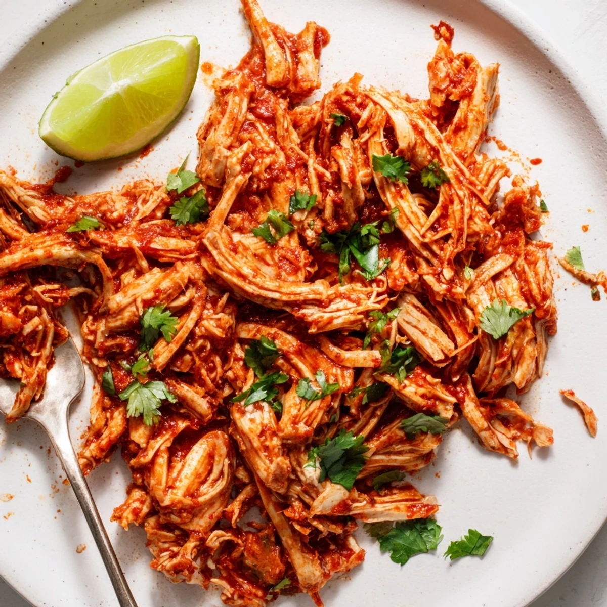 Golden shredded chicken slow cooker tacos topped with fresh cilantro, avocado, and zesty lime wedges