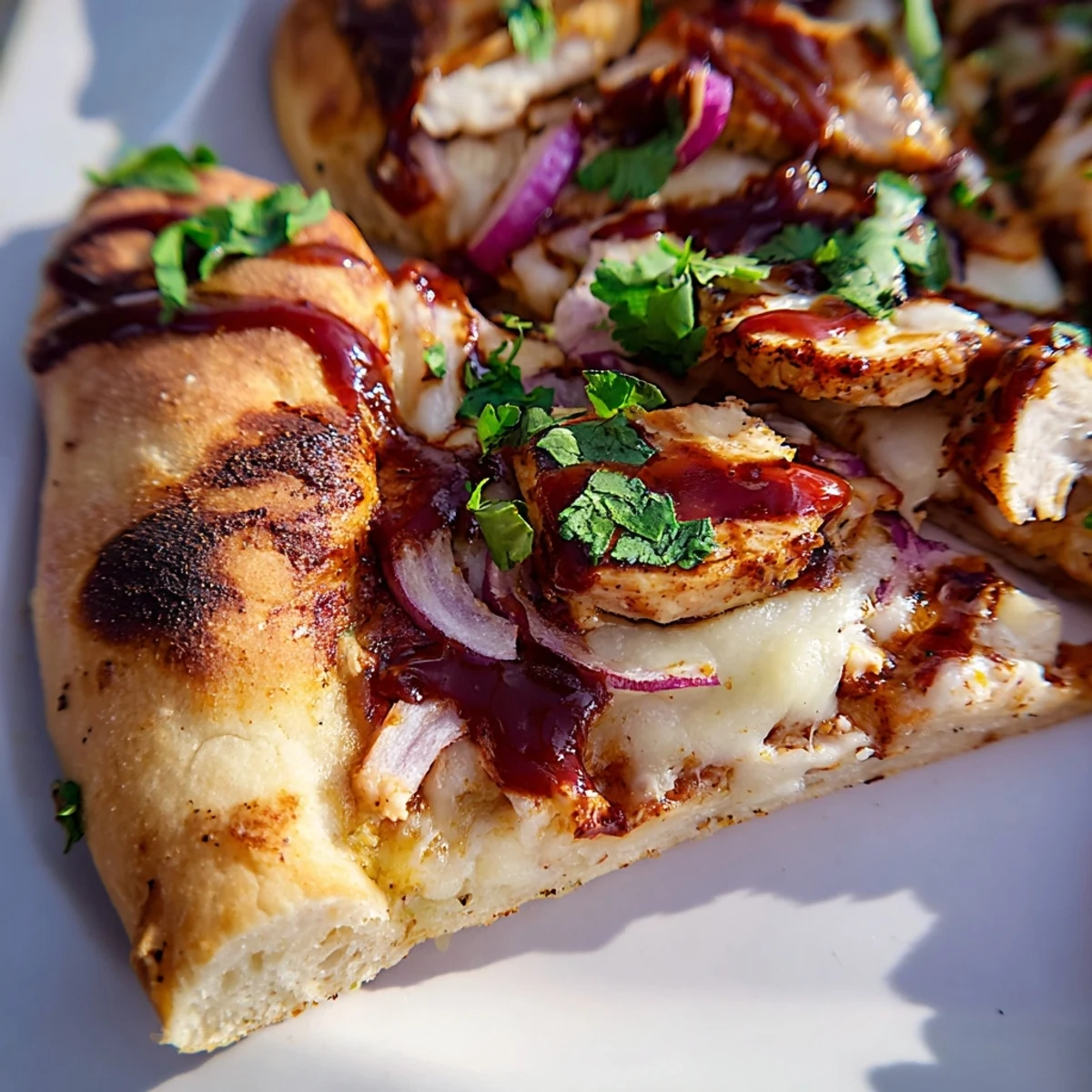 Savory grilled BBQ chicken pizza featuring smoky slices and red onion on crisp crust