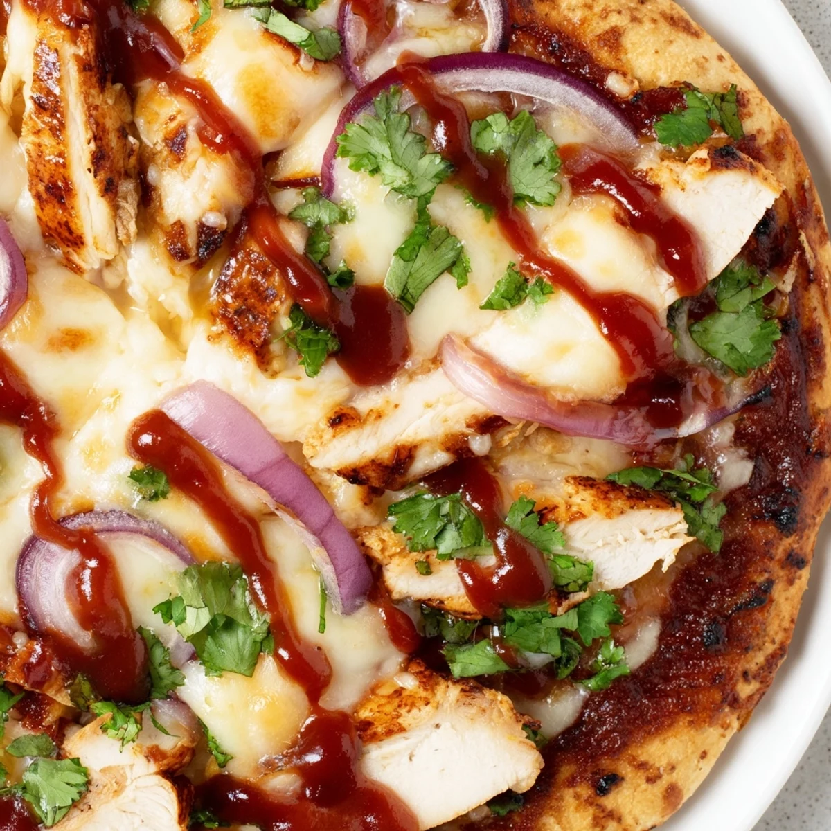 Slice of BBQ chicken pizza showcasing grilled chicken breast bubbling with mozzarella and gouda