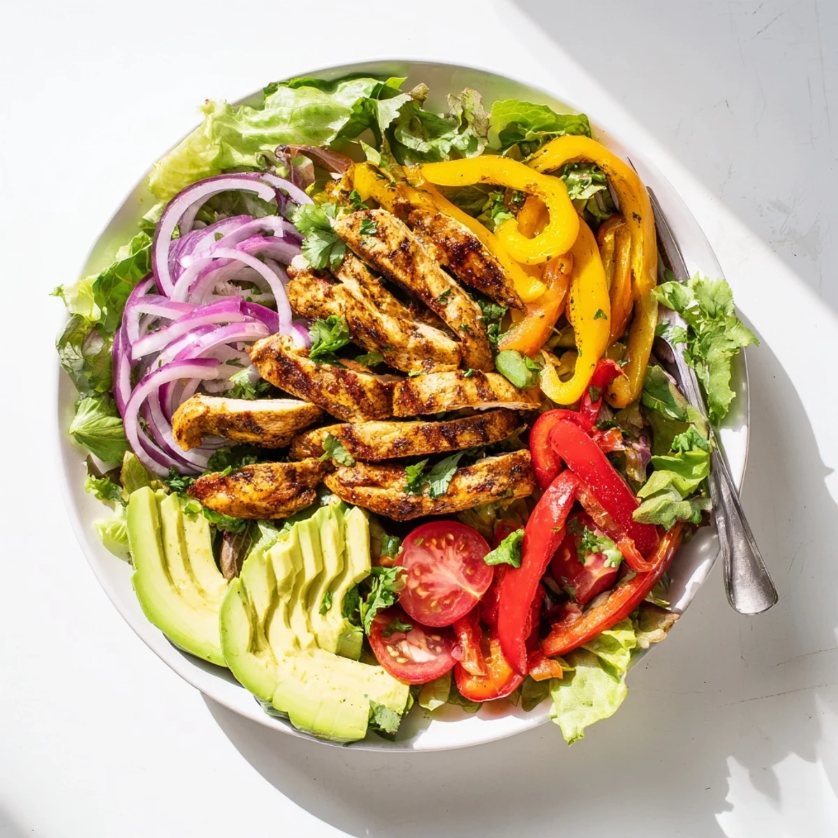 Golden sliced grilled chicken fajita salad with colorful bell peppers and fresh avocado