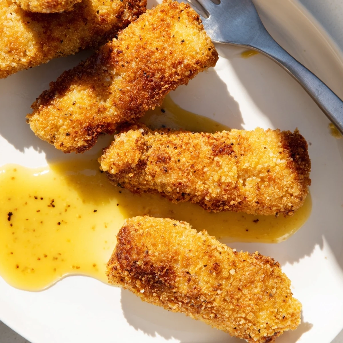 Golden honey mustard chicken tenders with crispy breadcrumb coating served alongside tangy dipping sauce