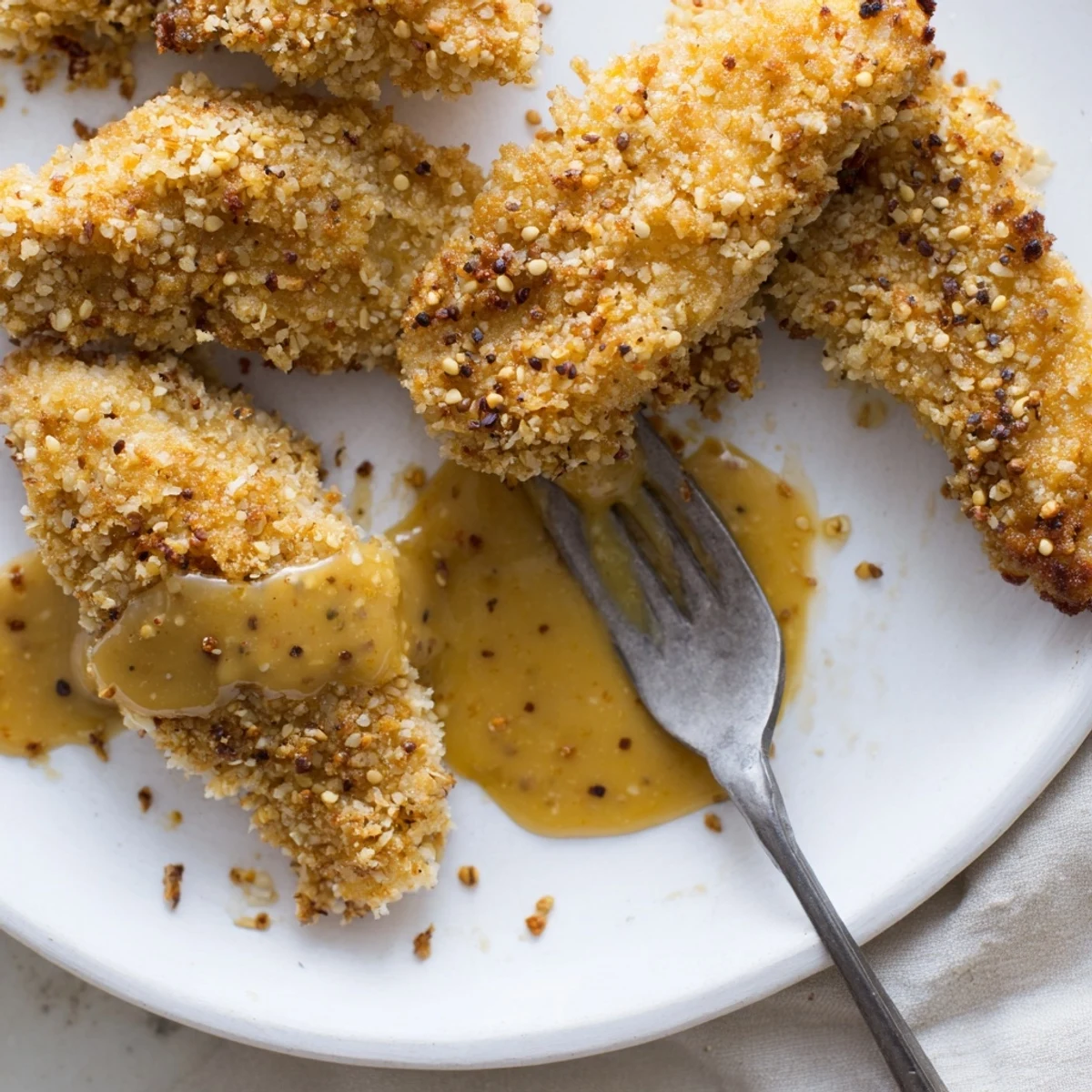 Family-friendly honey mustard chicken tenders baked to golden perfection with creamy honey mustard dipping sauce