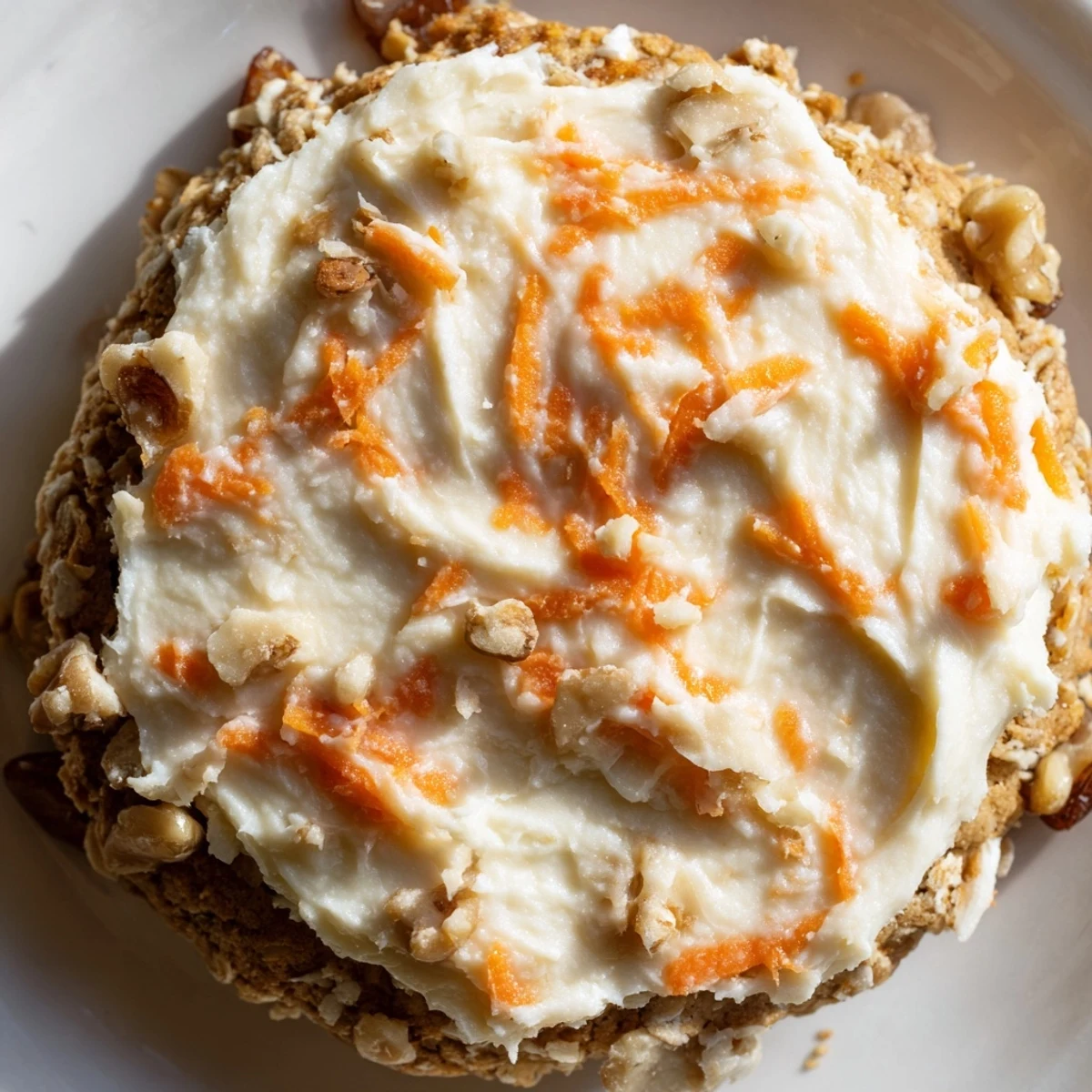 Soft baked carrot cake cookies topped with fluffy white cream cheese frosting on a white plate