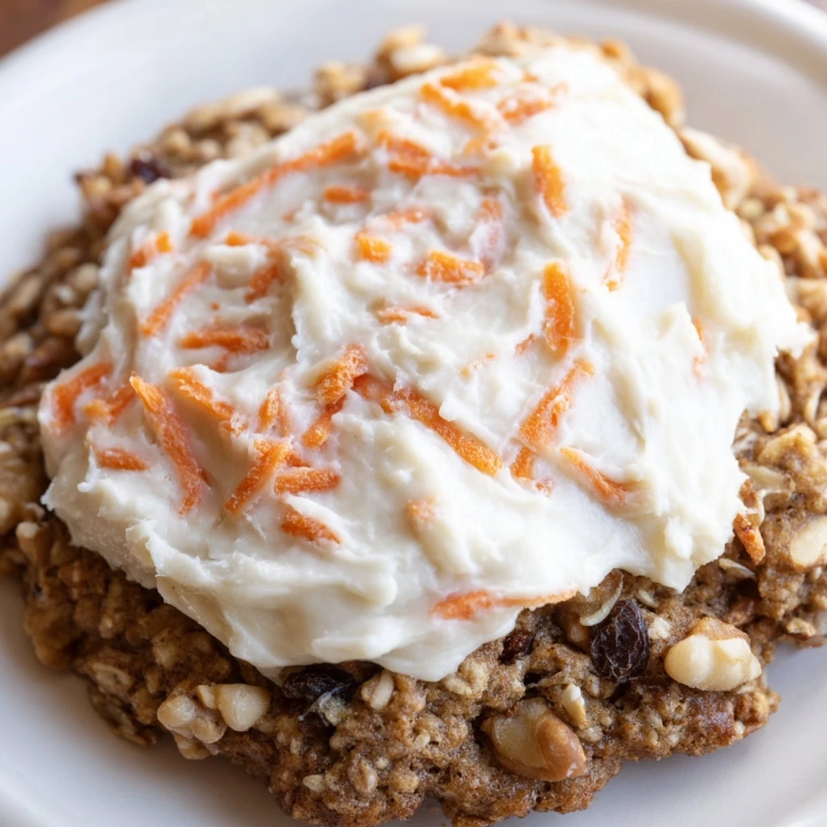 Two pillowy carrot cake cookies sandwiching creamy frosting on a rustic wooden serving board