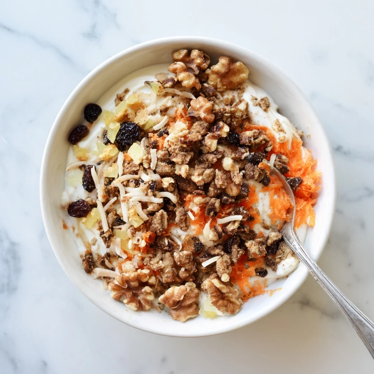 Creamy carrot cake yogurt bowl topped with grated carrots, walnuts, raisins, coconut flakes, and crunchy granola