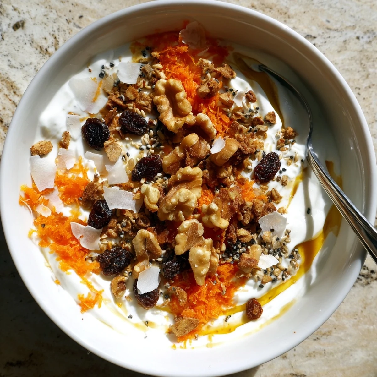 Wholesome carrot cake yogurt parfait layered with grated carrots, dried fruit, nuts, chia seeds, and sweet granola topping