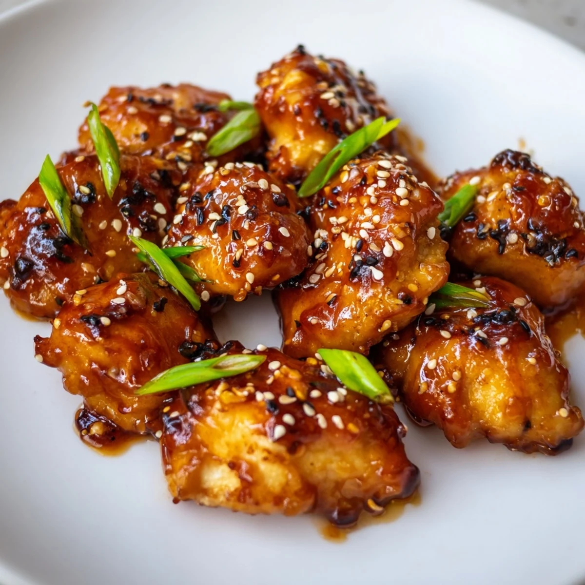 Golden brown spicy honey sriracha chicken pieces glazed in a sticky sweet and spicy red sauce