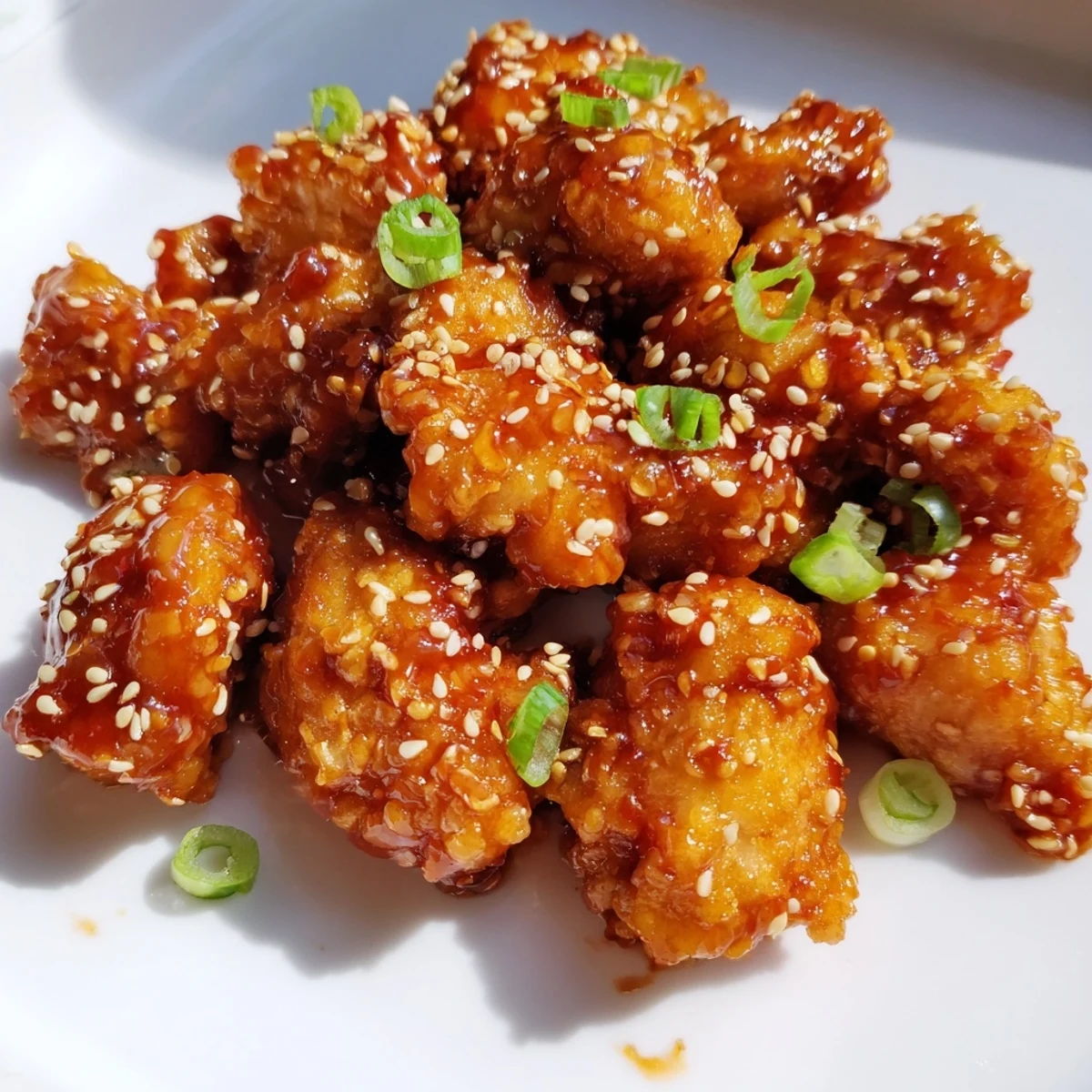 Pan-seared spicy honey sriracha chicken coated in a thick sweet and spicy sauce with green onions