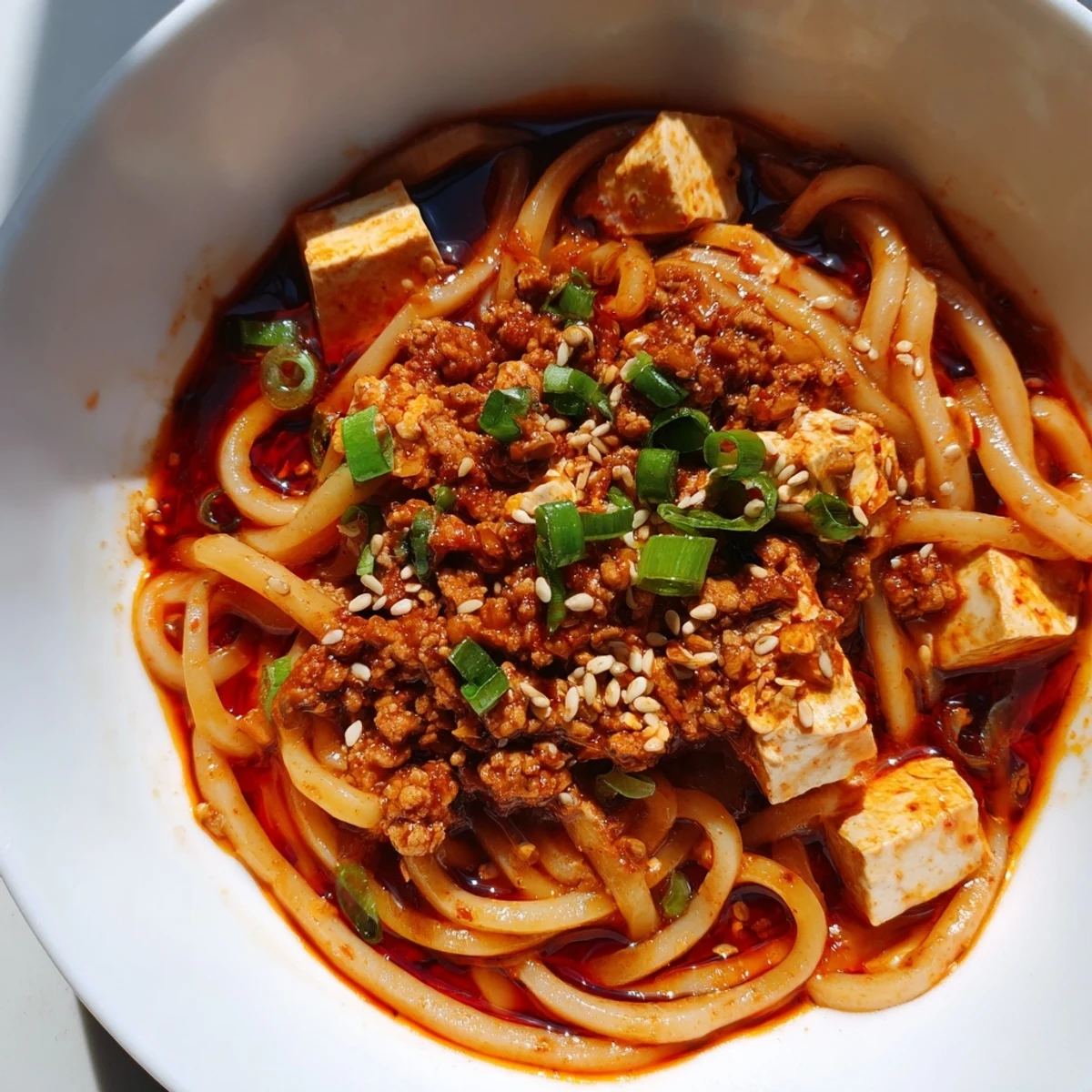 Steaming bowl of Mapo Tofu Udon featuring chewy noodles topped with spicy minced pork and soft tofu cubes in rich red sauce