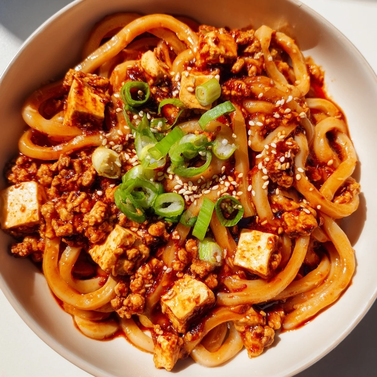 Generous serving of Mapo Tofu Udon garnished with fresh green onions and sesame seeds over thick Japanese udon noodles