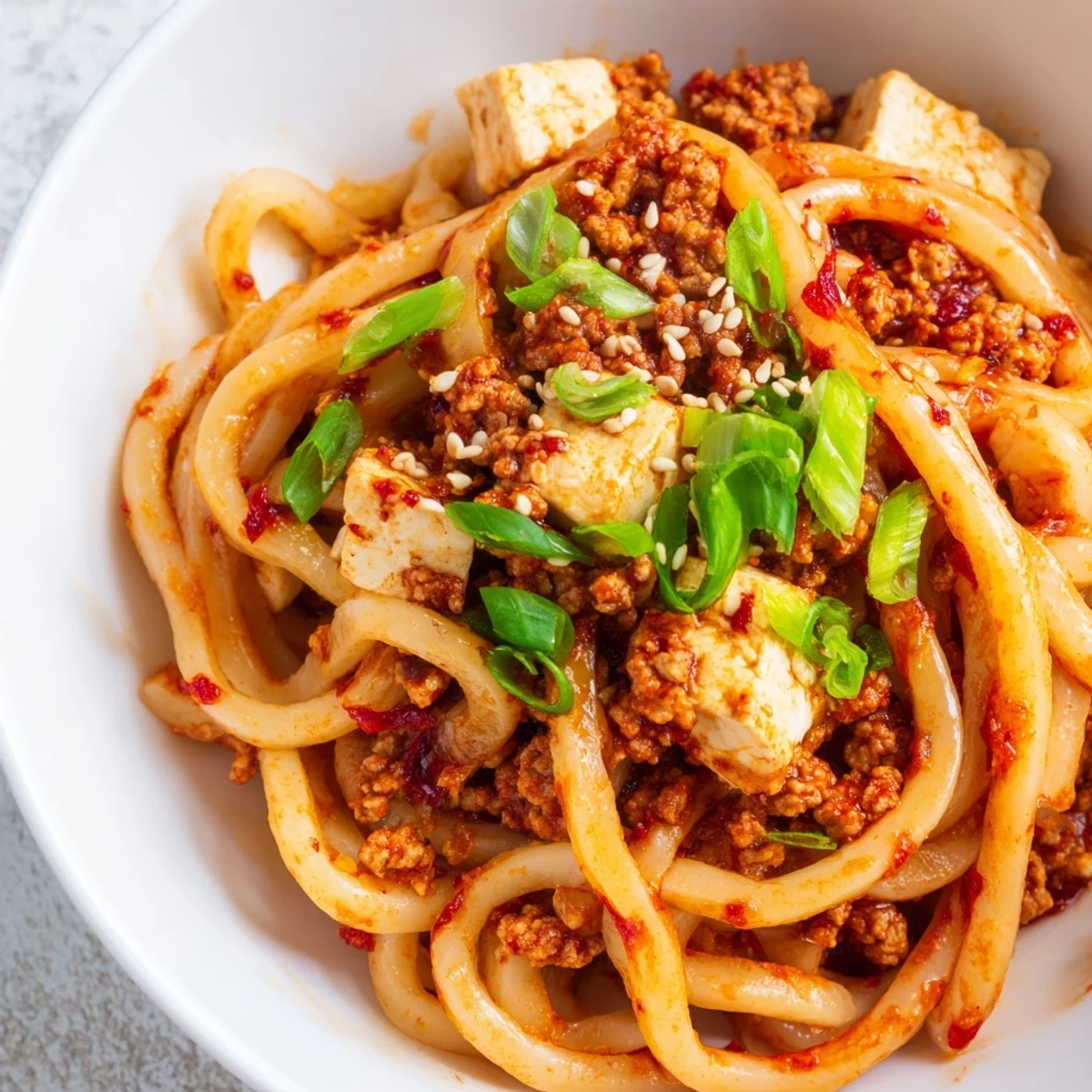 Close-up of Mapo Tofu Udon showcasing silky tofu pieces and savory ground meat in aromatic chili sauce served over thick noodles