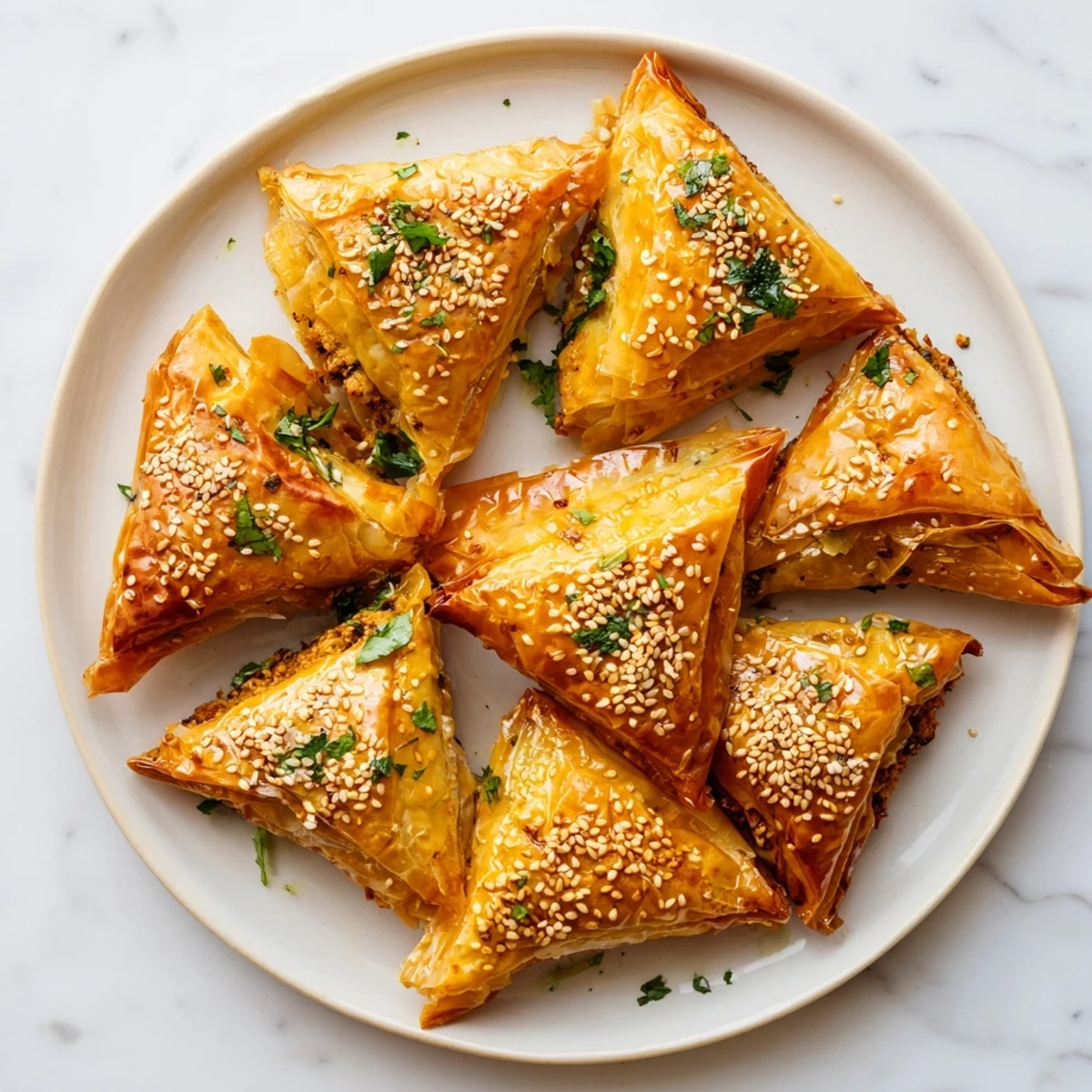 Golden brown Moroccan spiced chicken briouats with crispy phyllo pastry on white plate