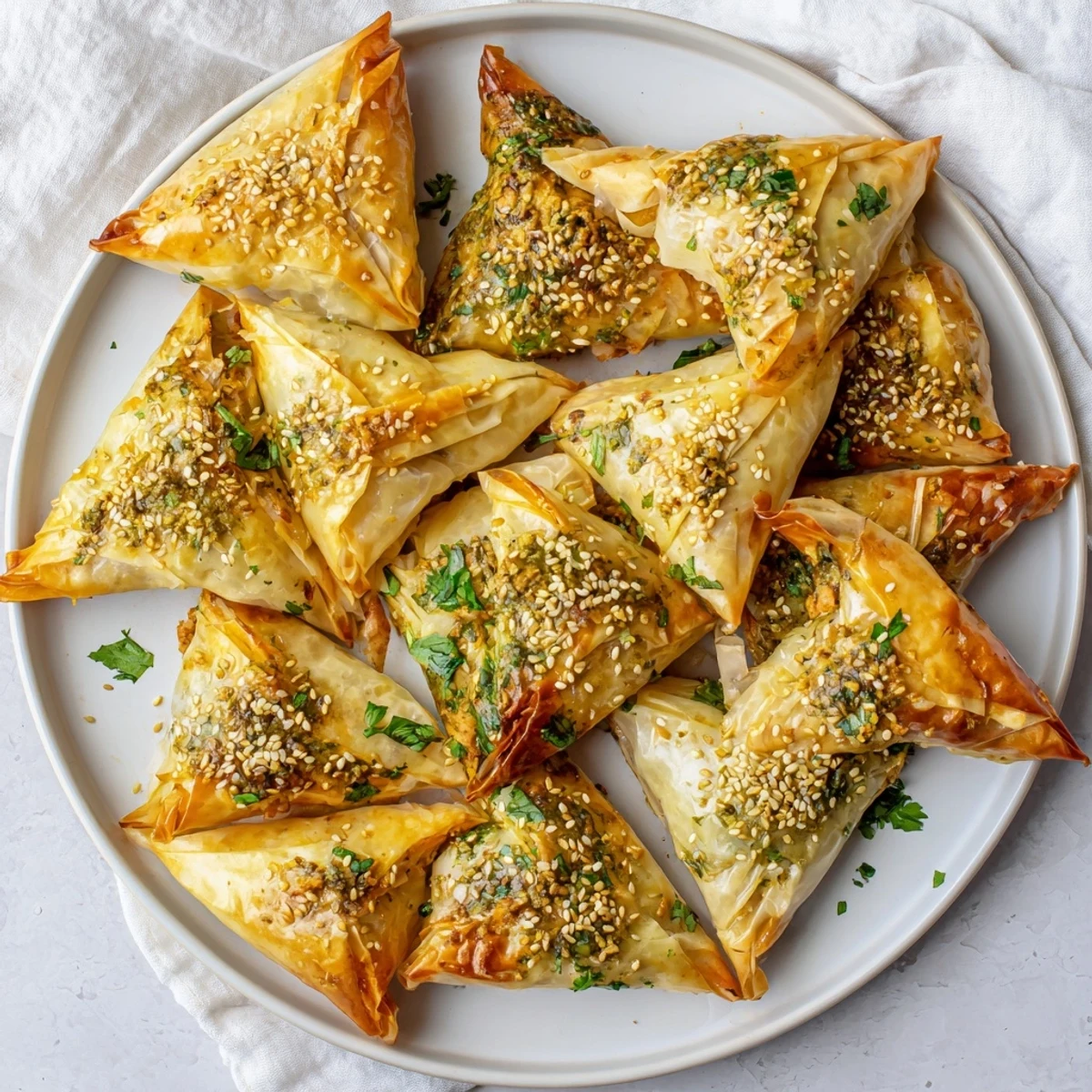 Baked Moroccan spiced chicken briouats with flaky layers and savory aromatic filling