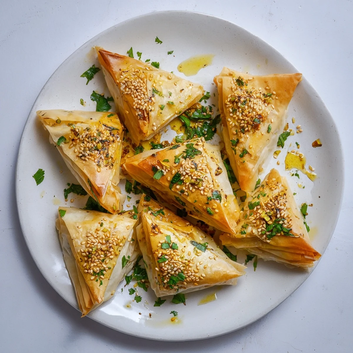 Triangle-shaped Moroccan chicken briouats sprinkled with sesame seeds arranged on serving platter