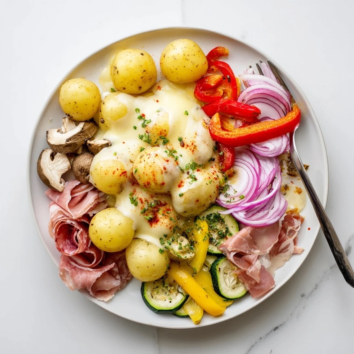 Golden melted Raclette dinner cheese bubbles over boiled potatoes with colorful roasted vegetables