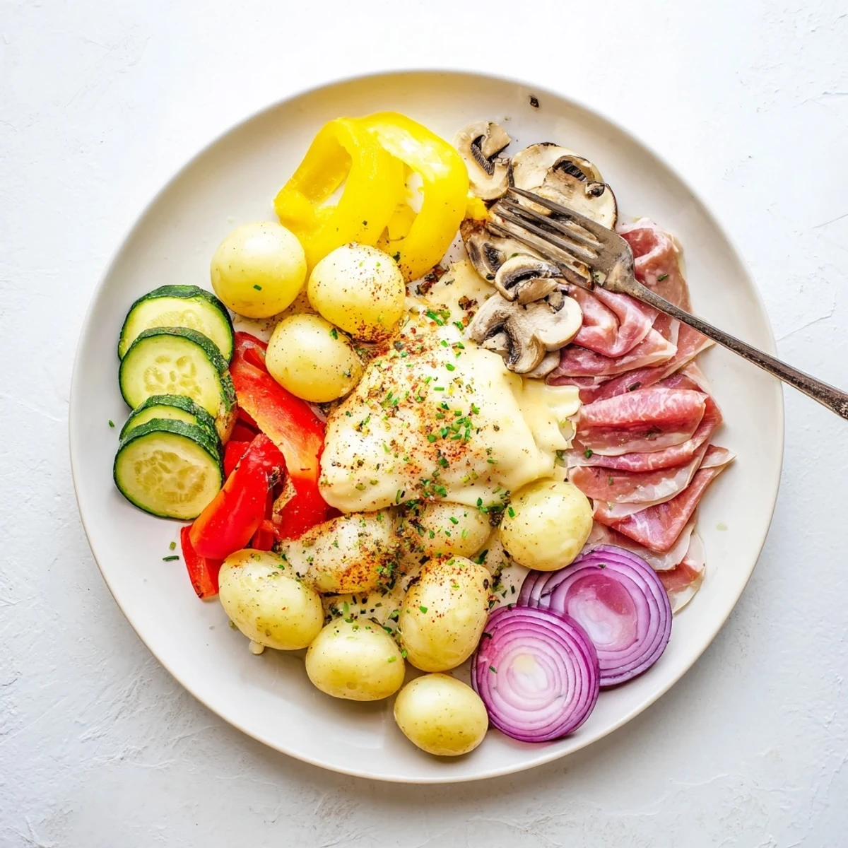 Interactive Raclette dinner spread featuring melted Swiss cheese served with pickles and charcuterie platters