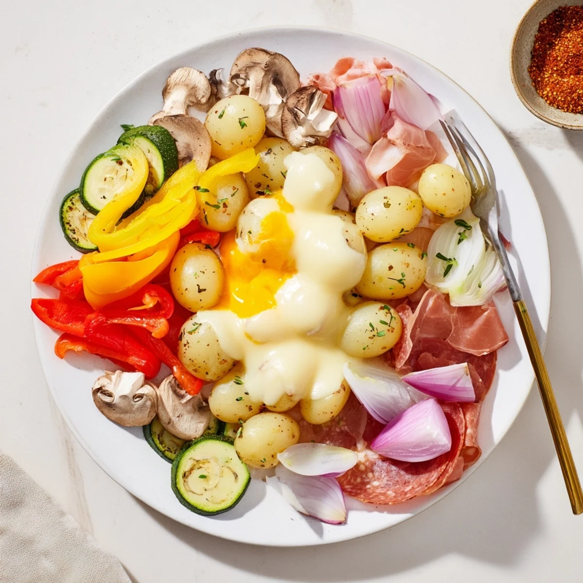 Festive Raclette dinner table with individual melting pans over warm potatoes and fresh accompaniments