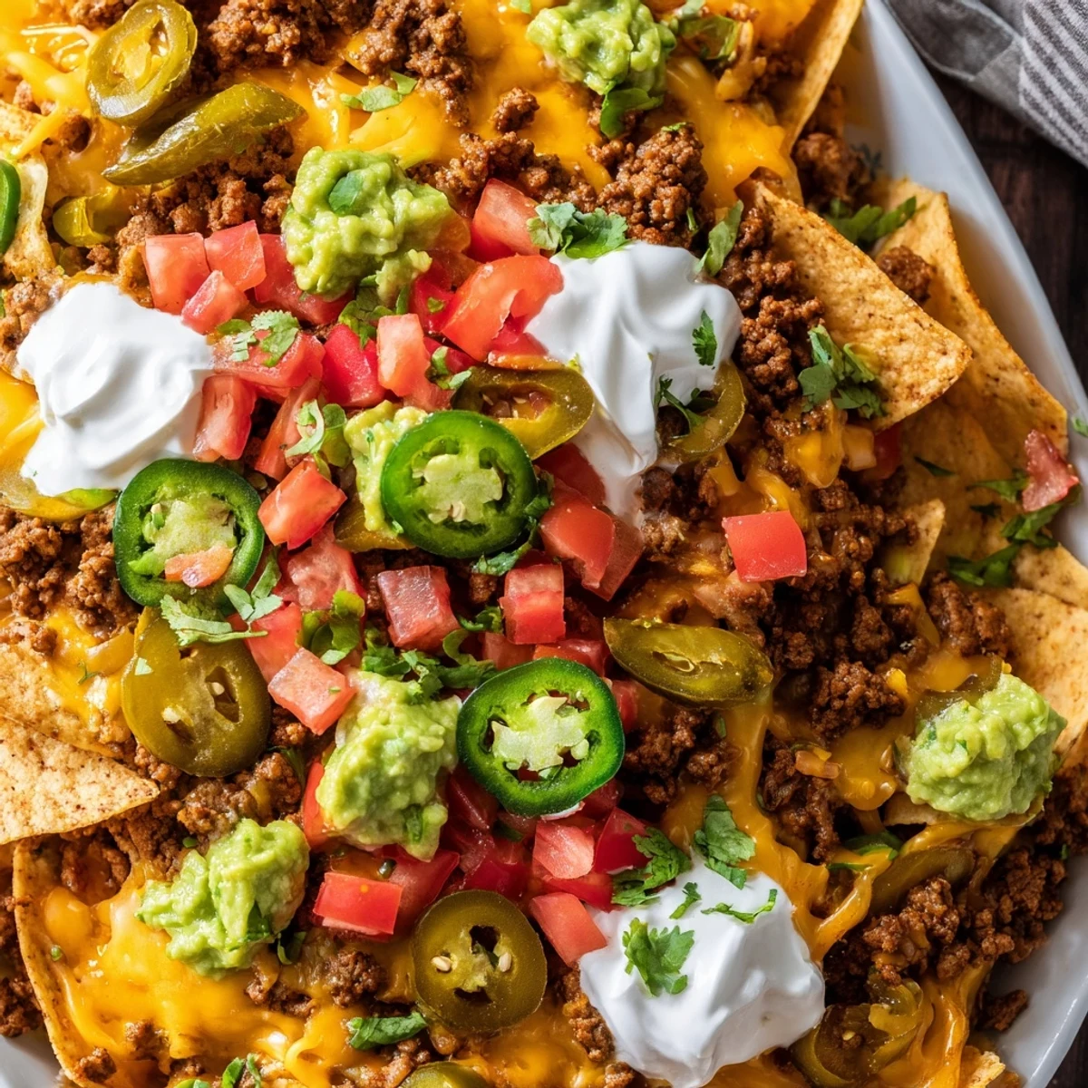 Hearty Texas Nachos topped with fresh jalapeños, tomatoes, and creamy sour cream