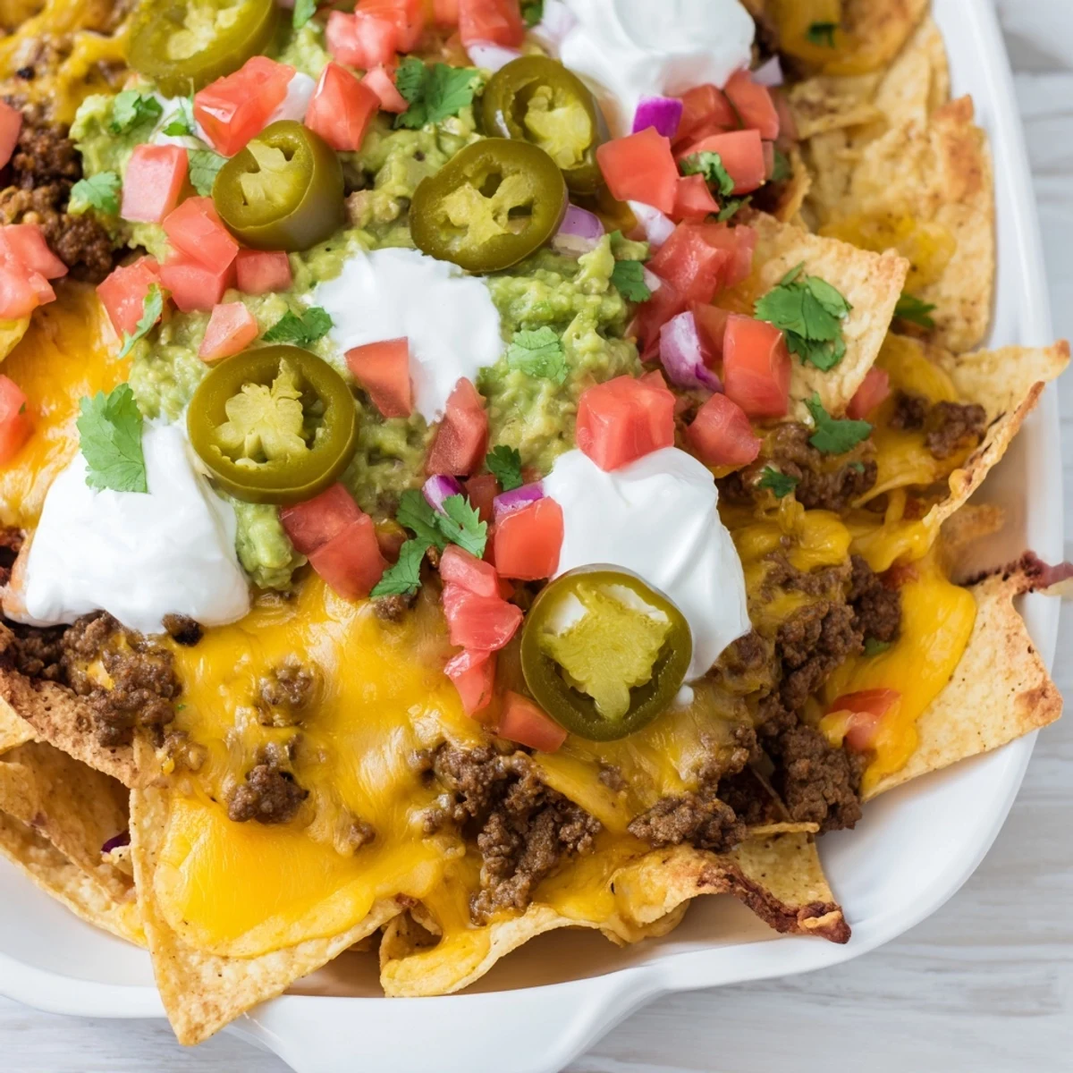 Golden Texas Nachos piled high with seasoned beef and melted cheddar cheese