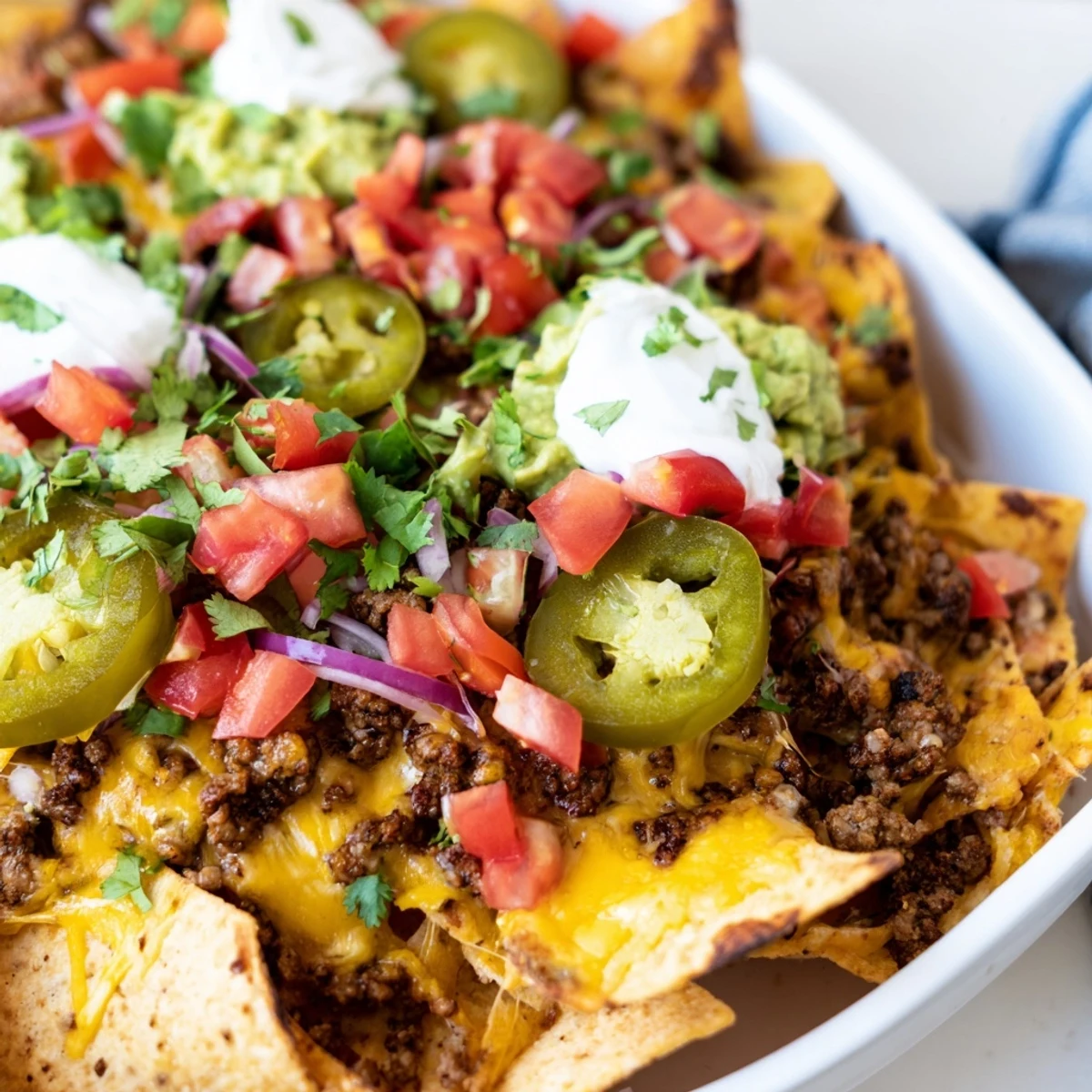 Baked Texas Nachos layered with spiced ground beef and colorful Tex-Mex toppings