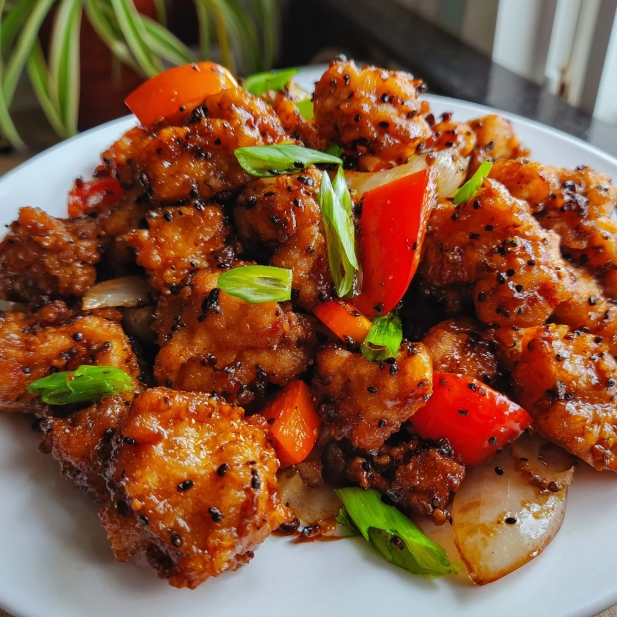 Golden crispy pepper chicken pieces tossed with colorful bell peppers and black pepper sauce