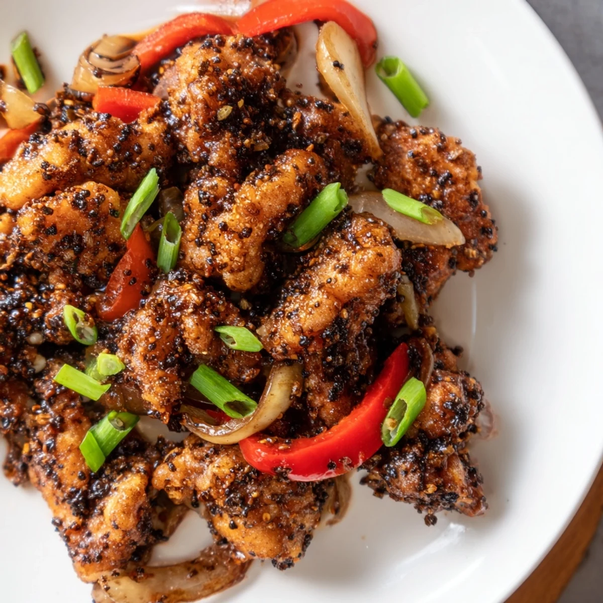 Asian-style crispy pepper chicken dish garnished with fresh green onions and cracked black pepper