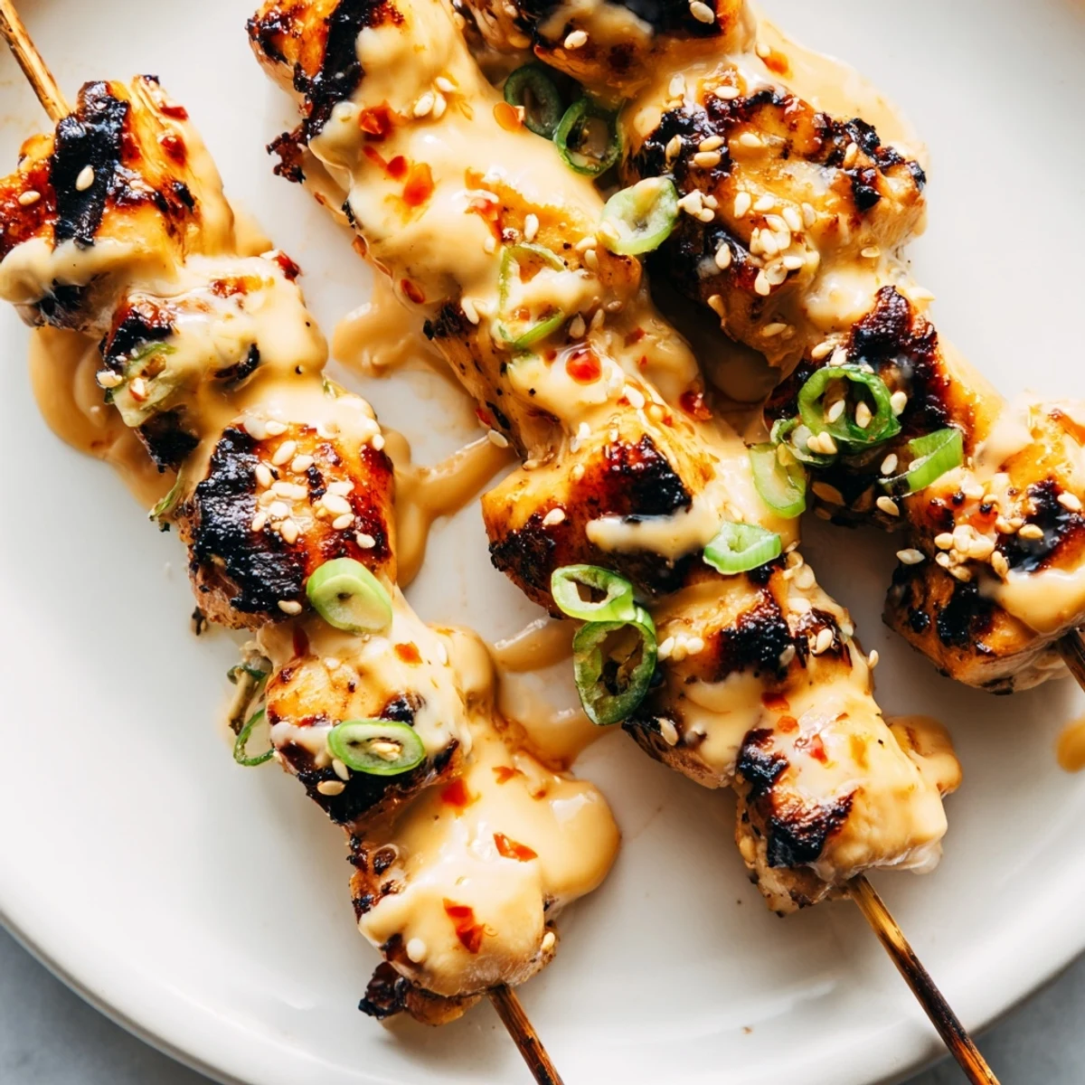 Golden Bang Bang chicken skewers coated in sweet chili mayonnaise sauce with fresh scallions and cilantro